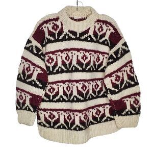Womens Chunky Wool Sweater XL Wine Purple Brown Handknit Ecuador Geometric Aztec